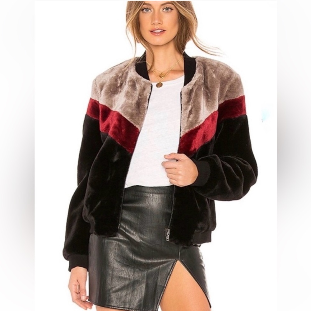 JOIE WMNS COLORBLOCK FAUX FUR BOMBER JACKET SOFT PLUSH LIKE NEW! Size SMALL